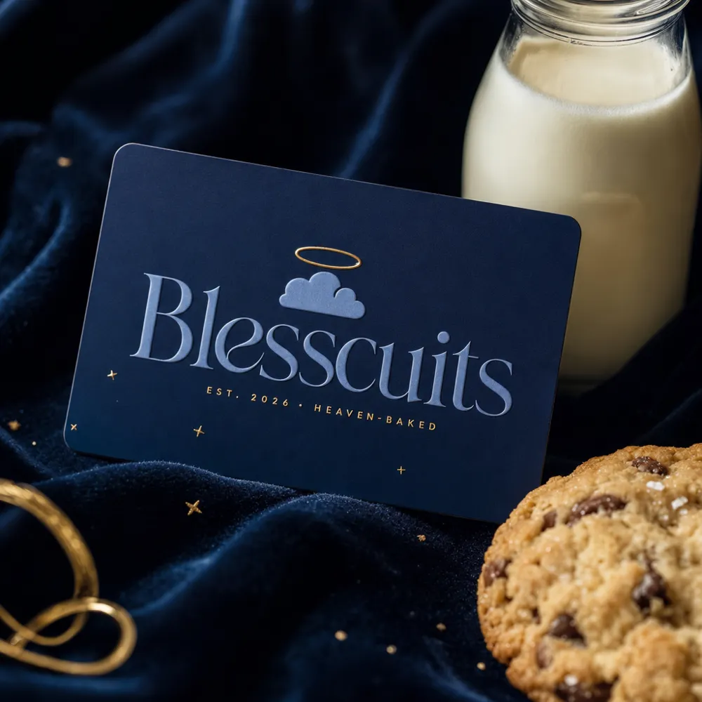 Tarjeta del Club Blesscuits sobre terciopelo azul junto a leche y una cookie