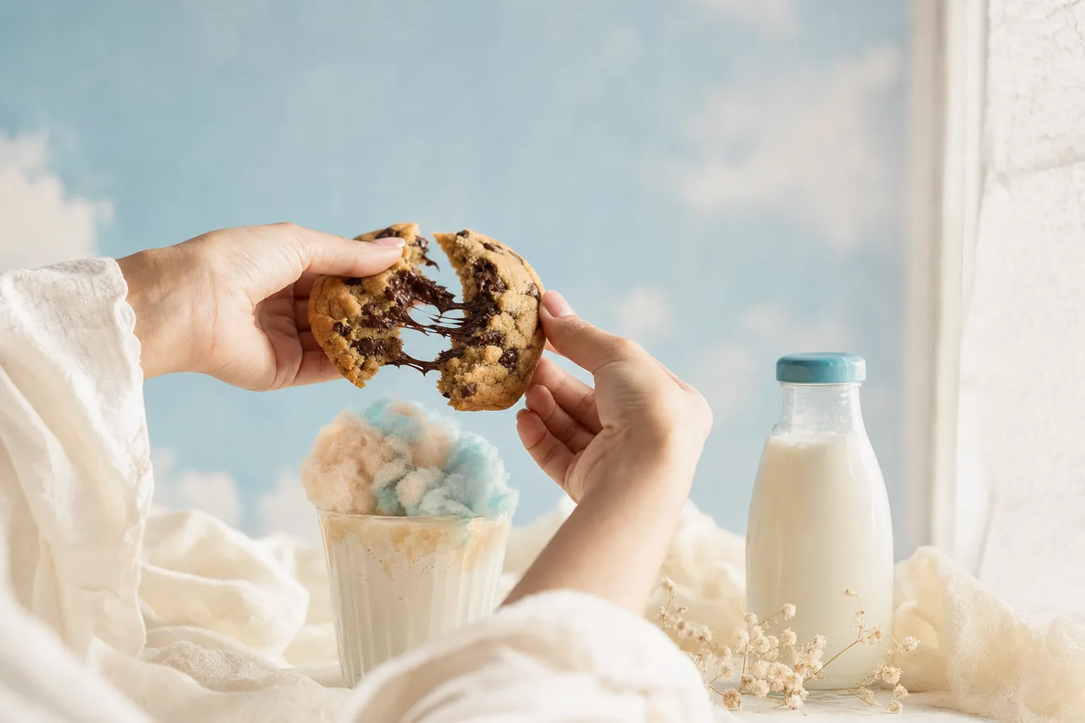 Manos partiendo una cookie caliente sobre un vaso de leche con nube de algodón, a la luz del día