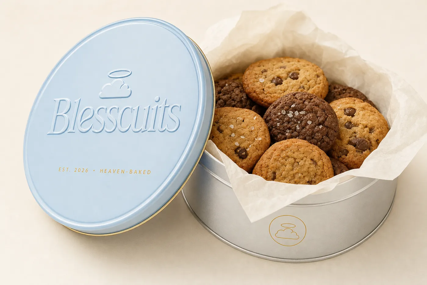 Lata de aluminio Blesscuits abierta con cookies