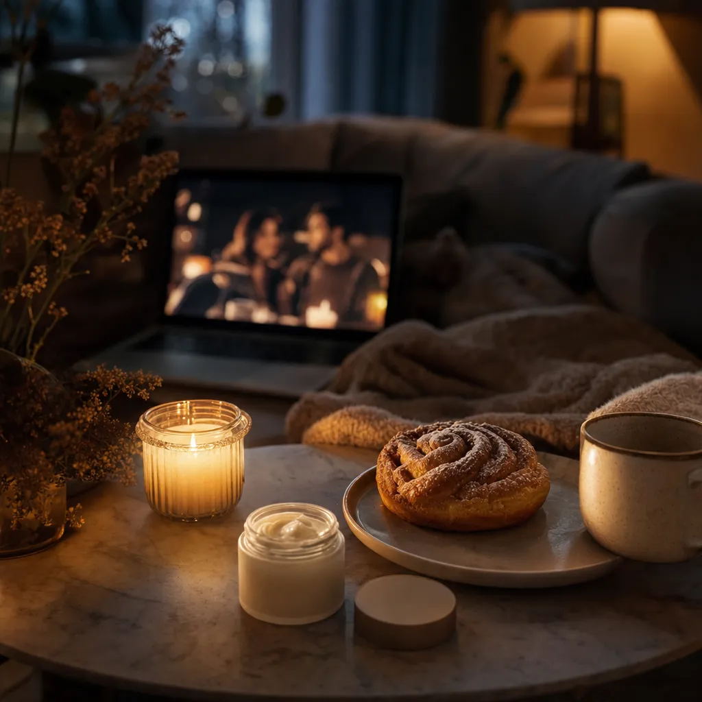Salón en penumbra con velas, una serie en pantalla y una cookie en la mesa